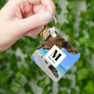 Tropical Beach Coast with a Big Rock Monogram Key Ring