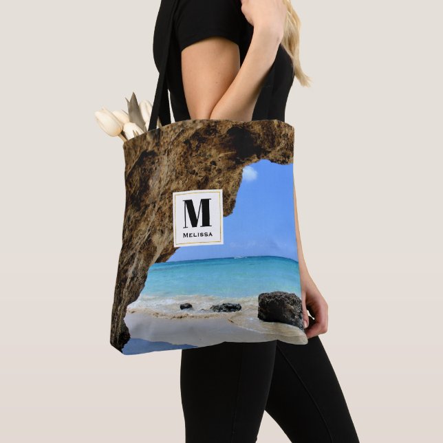 Tropical Beach Coast with a Big Rock Monogram Tote Bag (Close Up)