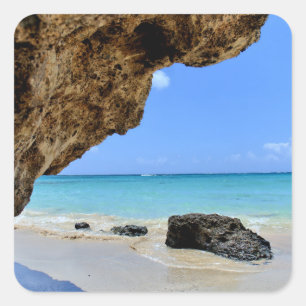Tropical Beach Coast with a Big Rock Square Sticker