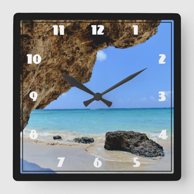 Tropical Beach Coast with a Big Rock Square Wall Clock (Front)