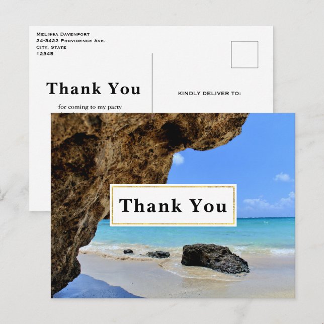 Tropical Beach Coast with a Big Rock Thank You Postcard (Front/Back)