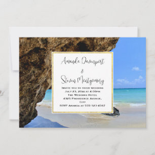 Tropical Beach Coast with a Big Rock Wedding Invitation