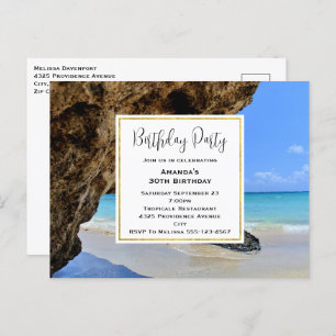 Tropical Beach Coast with Big Rock Birthday Invite Postcard