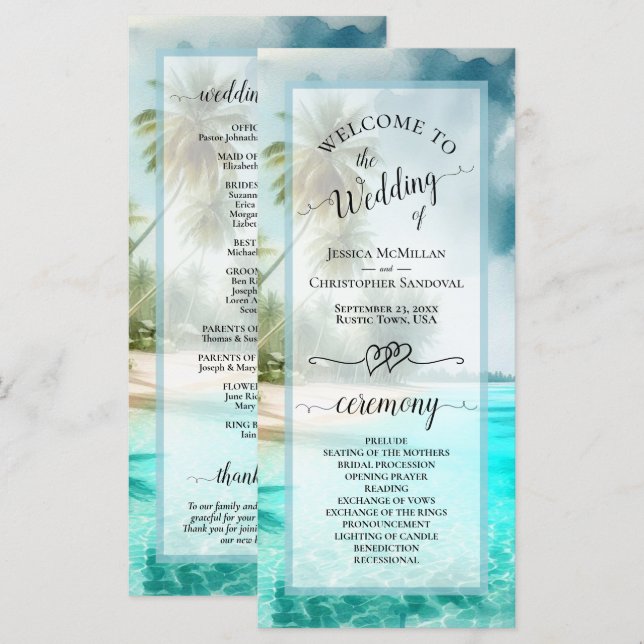 Tropical Beach Coastal Palm Trees Elegant Wedding Program (Front/Back)