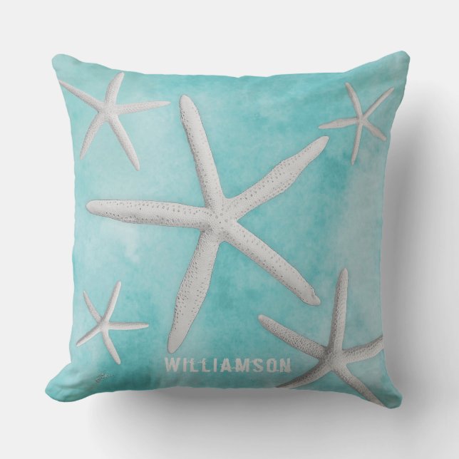 Tropical Beach Coastal Starfish Blue Modern Cushion (Front)