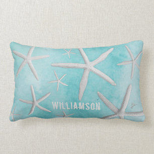 Tropical Beach Coastal Starfish Modern Blue Lumbar Cushion