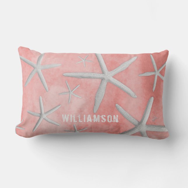 Tropical Beach Coastal Starfish Modern Coral Lumbar Cushion (Front)