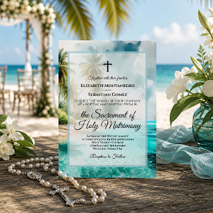 Tropical Beach Coastal Watercolor Catholic Wedding Invitation
