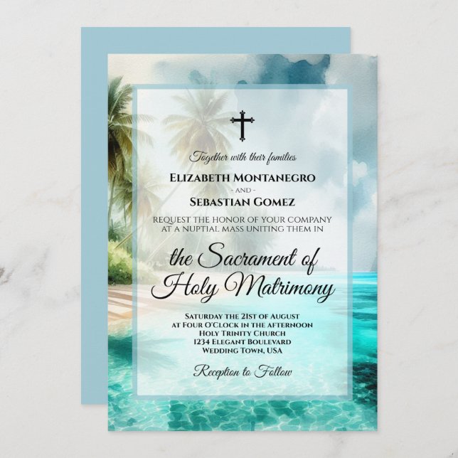 Tropical Beach Coastal Watercolor Catholic Wedding Invitation (Front/Back)