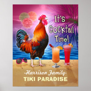 Tropical Beach Cocktail Bar Funny Rooster Chicken Poster