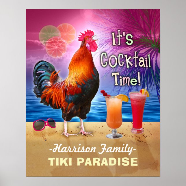 Tropical Beach Cocktail Bar Funny Rooster Chicken Poster (Front)
