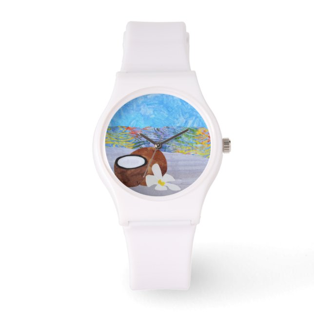 Tropical Beach Coconut Plumeria Flower Watch (Front)