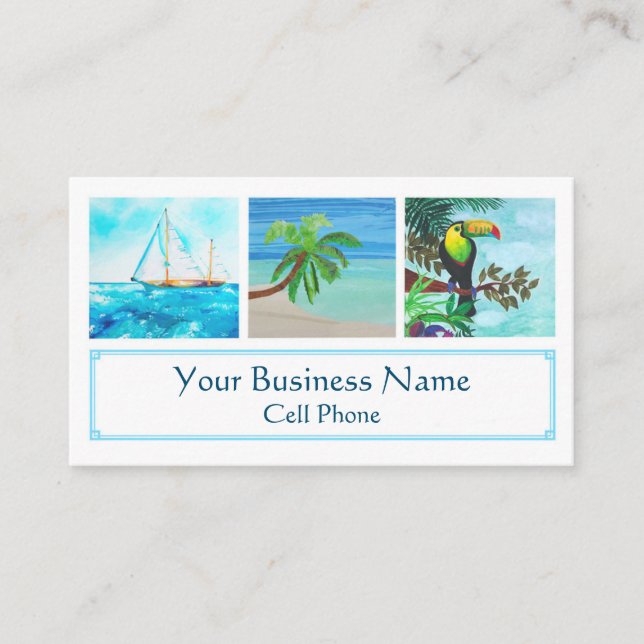 Tropical Beach Colourful Toucan Sailboat Palm Tree Business Card (Front)