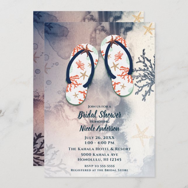 Tropical Beach Coral Flip Flops Bridal Shower  Invitation (Front/Back)