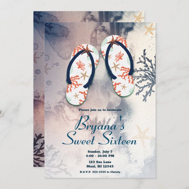 Tropical Beach Coral Flip Flops Sweet 16 Party  Invitation (Front/Back)
