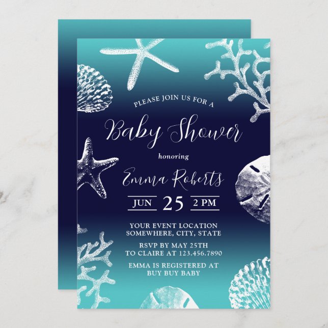 Tropical Beach Coral Reef Navy & Teal Baby Shower Invitation (Front/Back)