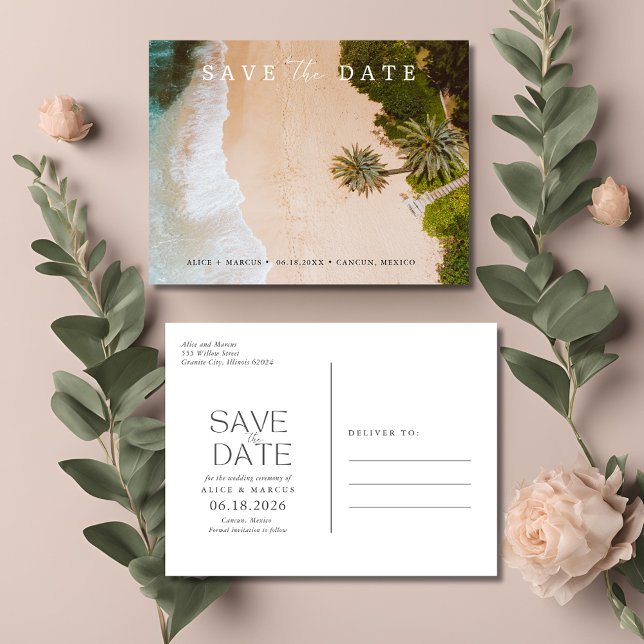 Tropical Beach Destination Wedding Save the Date Announcement Postcard (Tropical Beach Destination Wedding Save the Date Announcement Postcard)