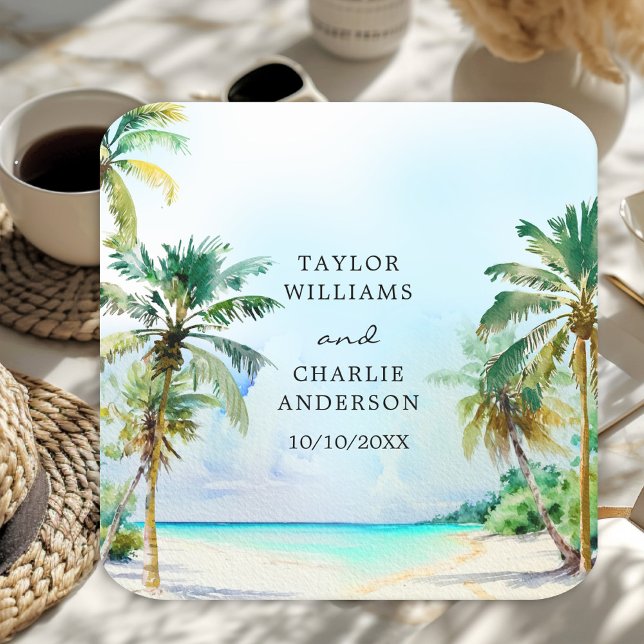 Tropical Beach Destination Wedding Square Paper Coaster (Creator Uploaded)