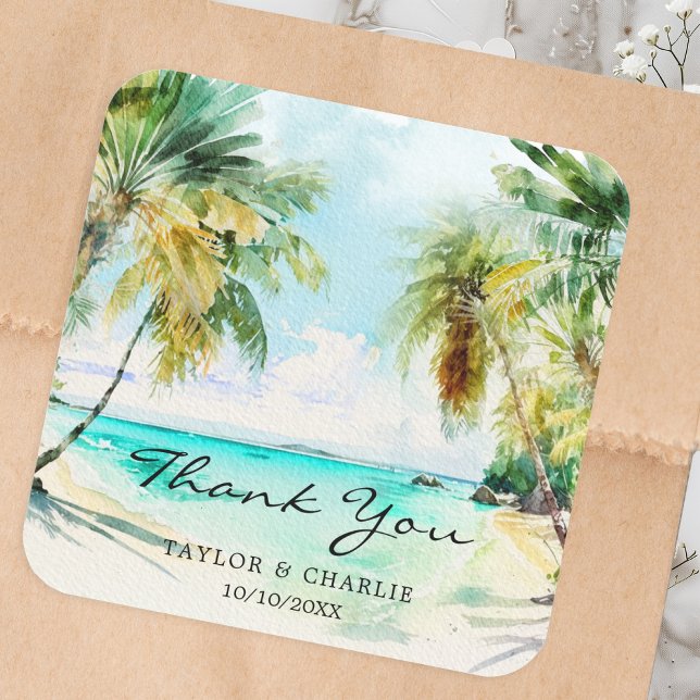 Tropical Beach Destination Wedding Thank You Square Sticker (Creator Uploaded)