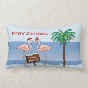 Tropical Beach Flamingo Palm South Pole Christmas Lumbar Cushion