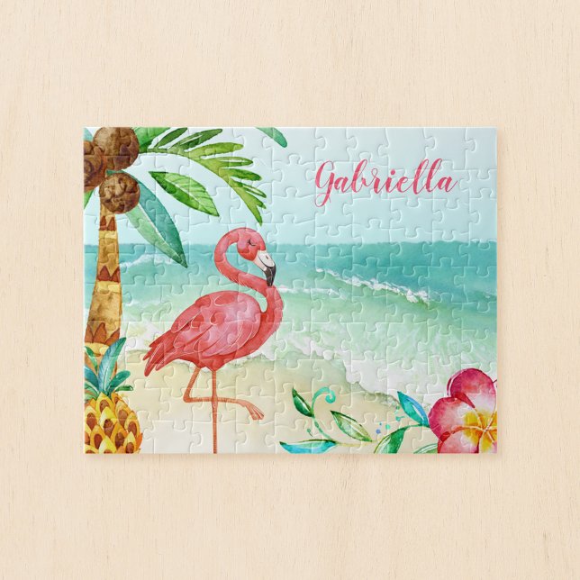 Tropical Beach Flamingo Personalized Kids Jigsaw Puzzle (Creator Uploaded)