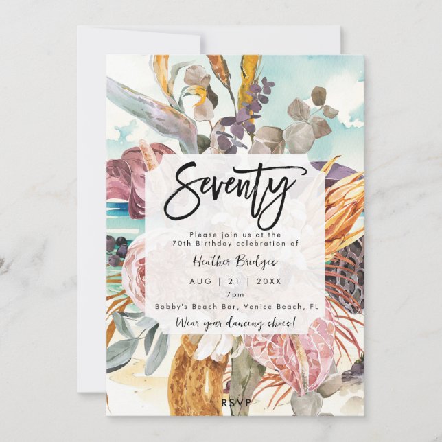 Tropical beach floral 70th birthday party invitation (Front)