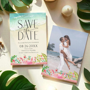 Tropical Beach Floral Calligraphy Save the Date Invitation