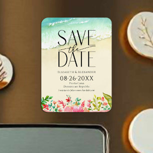 Tropical Beach Floral Calligraphy Save the Date Magnet