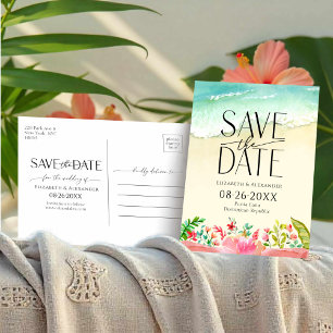 Tropical Beach Floral Calligraphy Save the Date Postcard