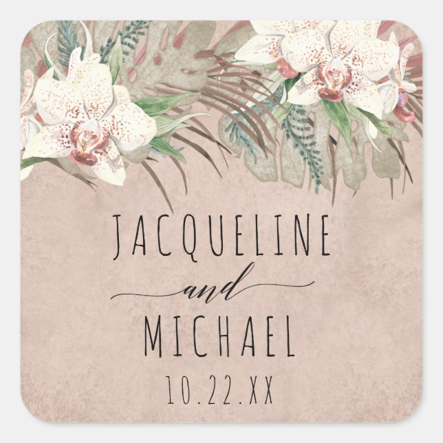 Tropical Beach Floral Greenery Foliage Wedding Square Sticker (Front)