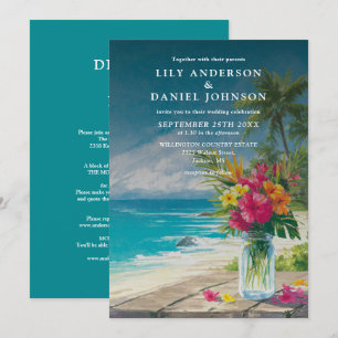 Tropical Beach Floral Mason Jar All In One Wedding Invitation