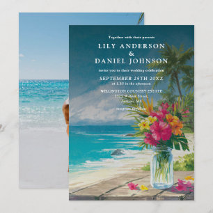 Tropical Beach Floral Mason Jar Photo Wedding Invitation