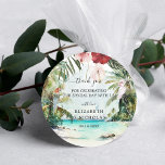 Tropical Beach Floral Palm Wedding Favour Classic Round Sticker<br><div class="desc">Add a special touch to envelopes, goodie bags, handmade treats, and more with our elegant tropical stickers. Add your custom wording to this design by using the "Edit this design template" boxes on the right hand side of the item, or click the blue "Customise it" button to arrange the text,...</div>