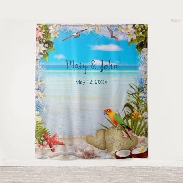 Tropical Beach Floral Wedding Photo Backdrop Tapestry (Front)