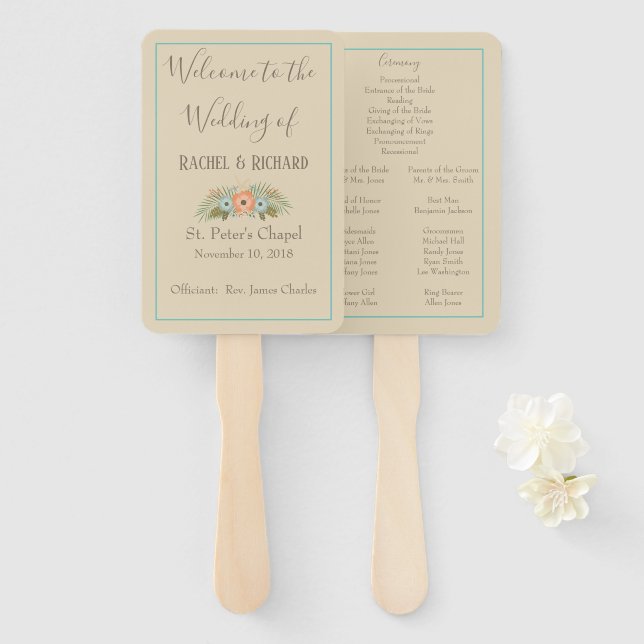 Tropical Beach Floral Wedding Program Hand Fan (Front and Back)
