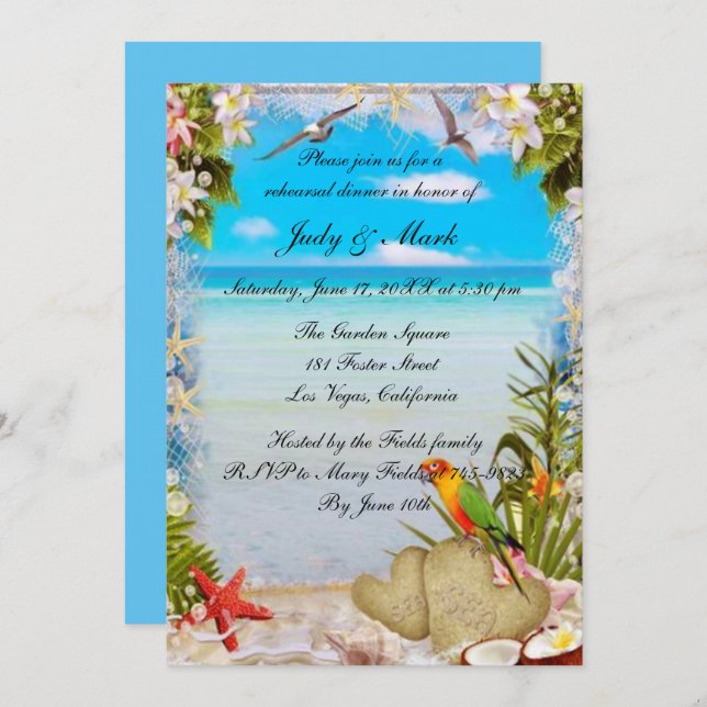 Tropical Beach Floral Wedding Rehearsal Dinner Invitation (Front/Back)