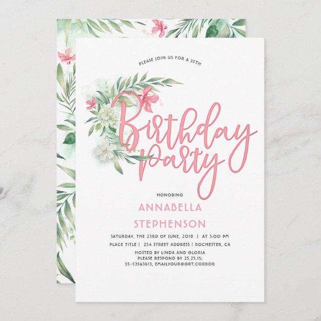 Tropical Beach Flowers Birthday Party Invitation (Front/Back)
