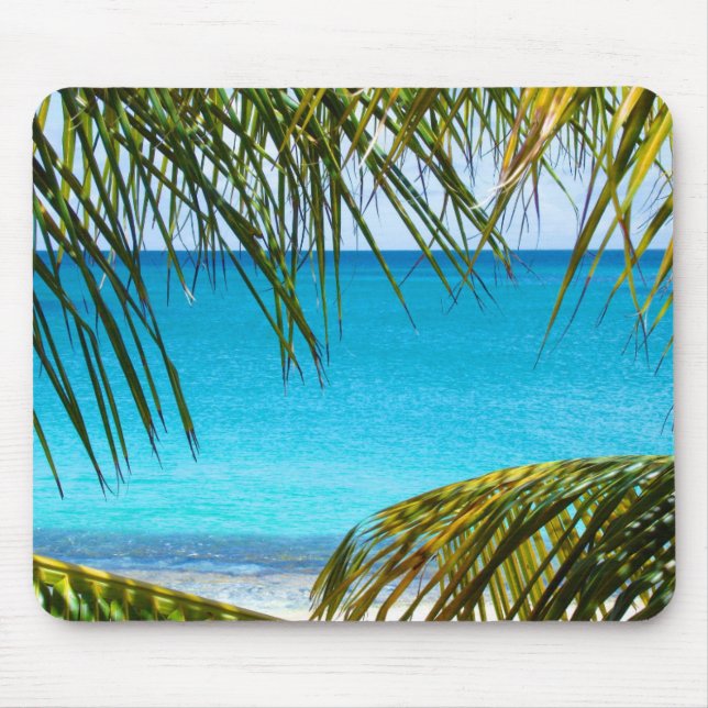 Tropical Beach framed with Palm Fronds Mouse Pad (Front)