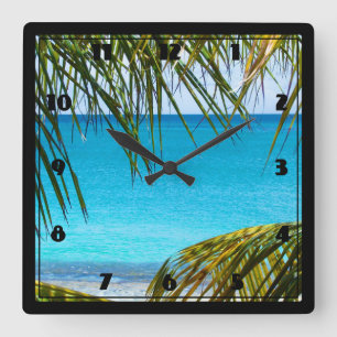 Tropical Beach framed with Palm Fronds Square Wall Clock