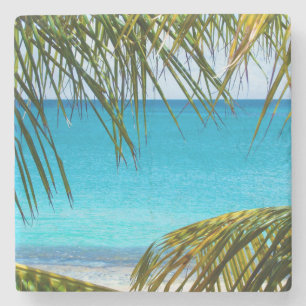 Tropical Beach framed with Palm Fronds Stone Coaster