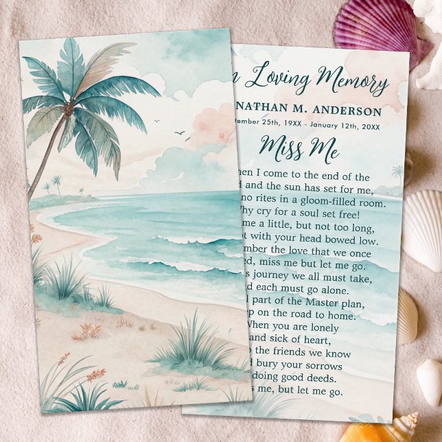 Tropical Beach Funeral Modern Memorial Prayer Card (Creator Uploaded)