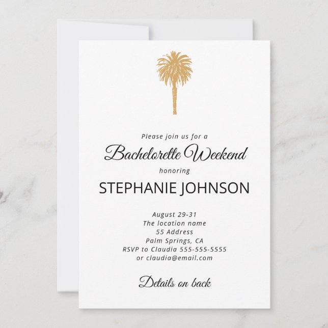 Tropical Beach Gold Palm Destination Bachelorette Invitation (Front)