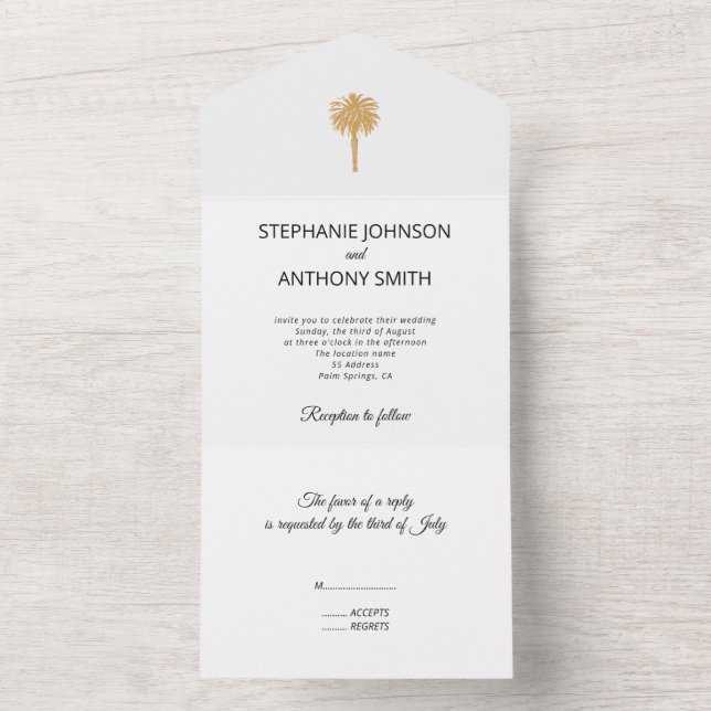 Tropical Beach Gold Palm Tree Destination Wedding All In One Invitation (Inside)