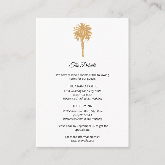 Tropical Beach Gold Palm Tree Destination Wedding  Enclosure Card (Front)