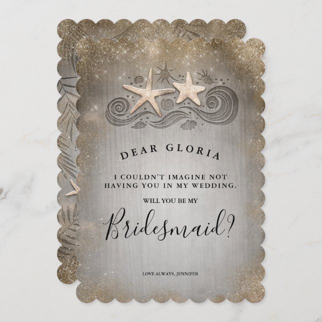 Tropical Beach Gold Starfish Bridesmaid Proposal Invitation (Front/Back)