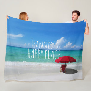 Tropical Beach Happy Place Your Name Red Umbrella Fleece Blanket