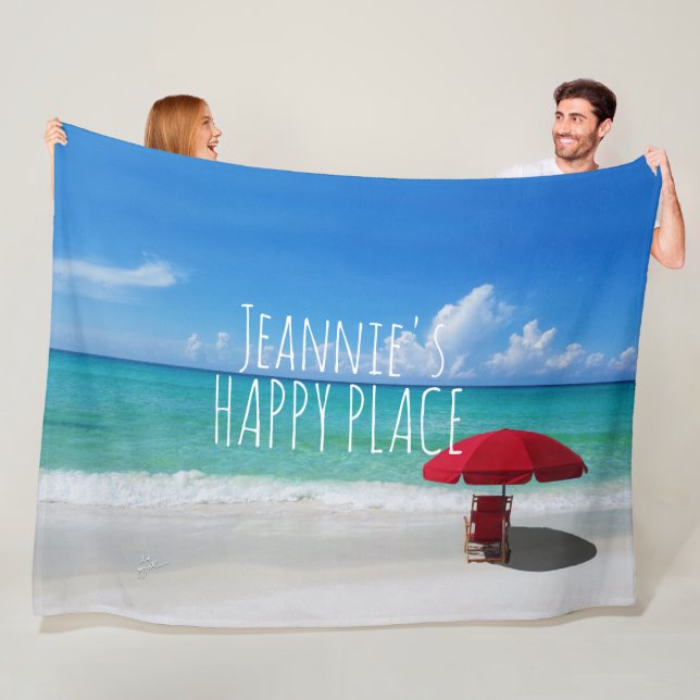 Tropical Beach Happy Place Your Name Red Umbrella Fleece Blanket (In Situ)
