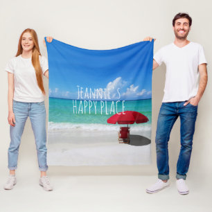 Tropical Beach Happy Place Your Name Red Umbrella Fleece Blanket