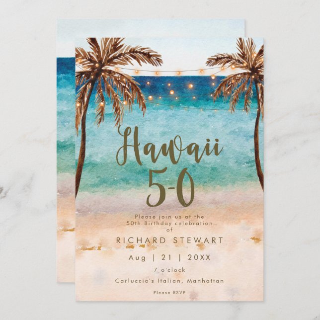 tropical beach hawaii 5 0 50th birthday party invitation (Front/Back)