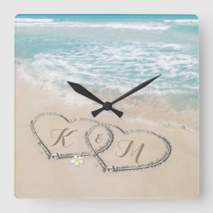 Tropical Beach Heart Shore Monogram Square Wall Clock